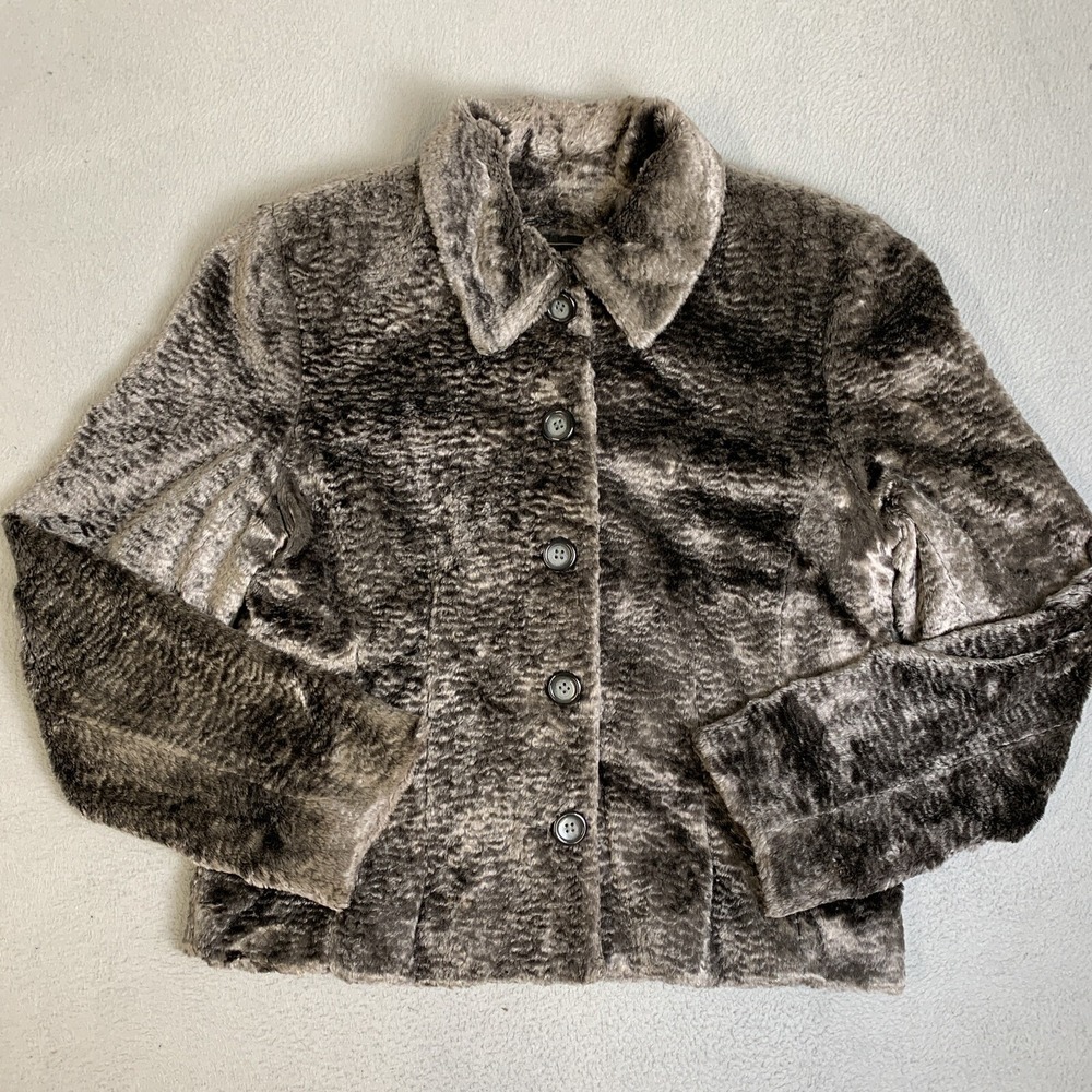 Louben Jacket Women's Size 10 Gray Faux Fur‎ Button Up With Collar Formal Blazer
